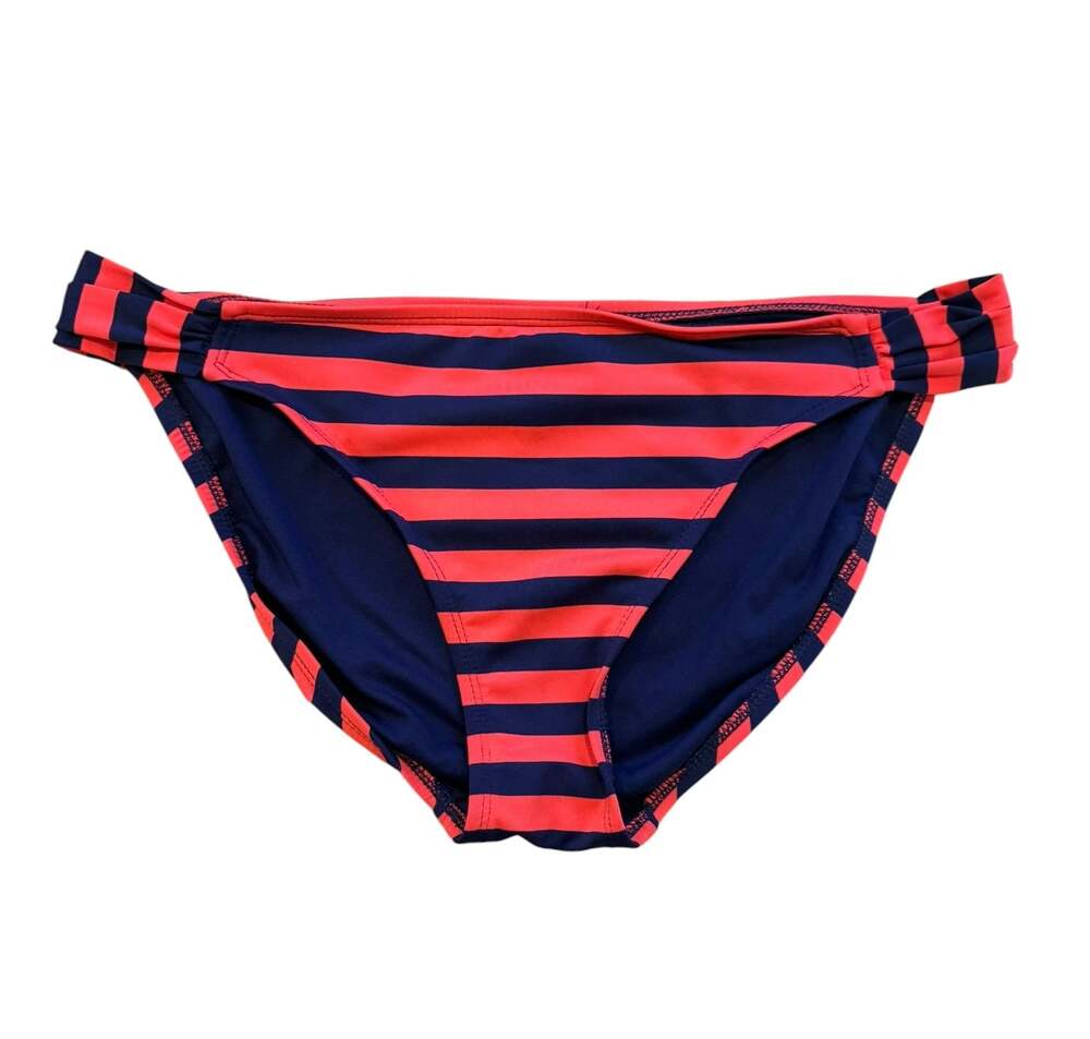 Mossimo Navy Blue and Neon Orange Striped Shirred-Side Bikini Bottom